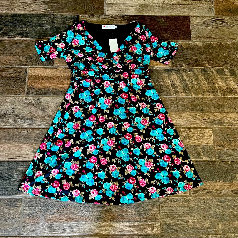 Poppy & Bloom pink & teal roses on a black background dress retro vibes OX